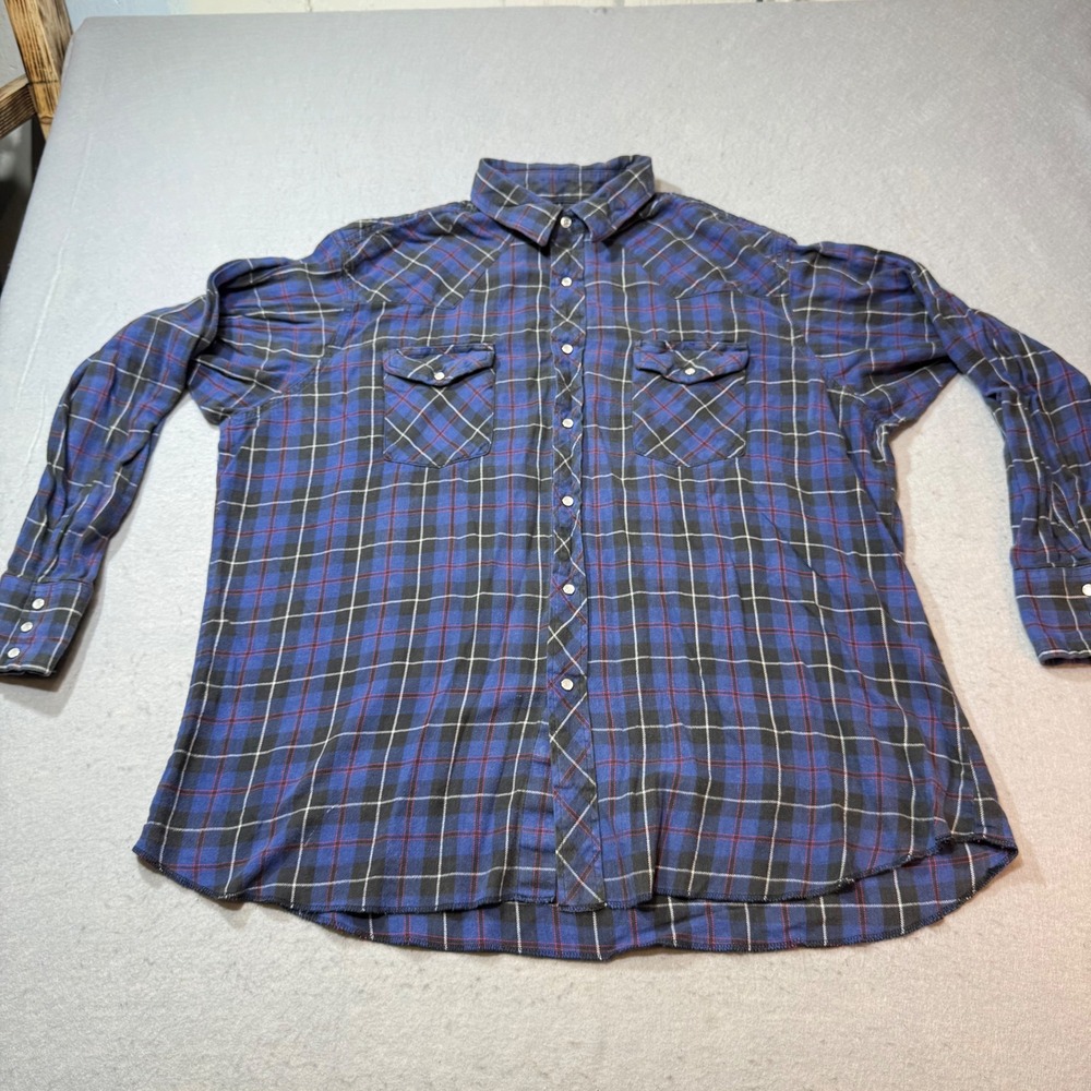 Wrangler Western Shirts Plaid Blue Long Sleeve Snap Button Pearl Snap Mens XL - Picture 2 of 11